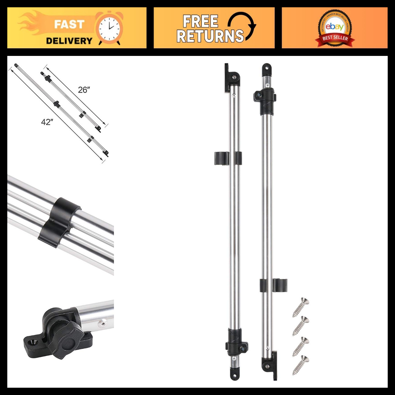 Adjustable 3 & 4 Bow Bimini Top Rear Support Poles - Marine Boat Accessories on eBay