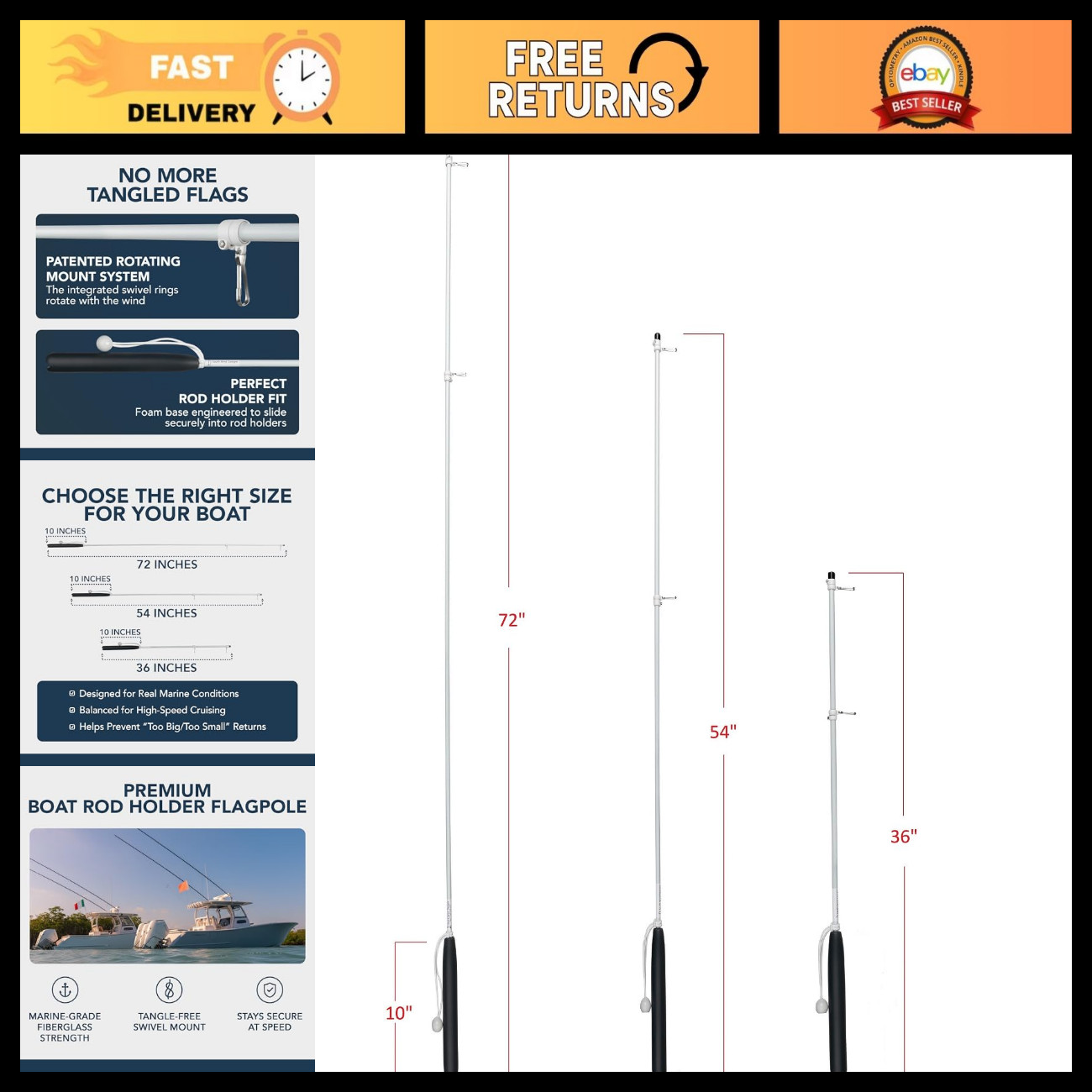 Premium Boat Rod Holder Flag Pole with Rotating Mounts - Marine Accessories, Fis on eBay