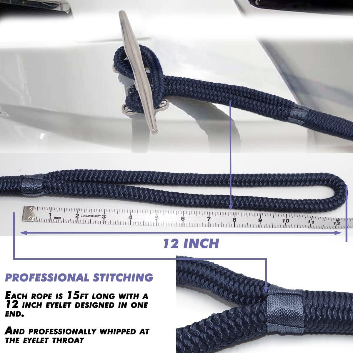 4 Pcs 1/2 x 15" Dock Lines Nylon Rope for Boats Double Braided Boat Accessories - image 5